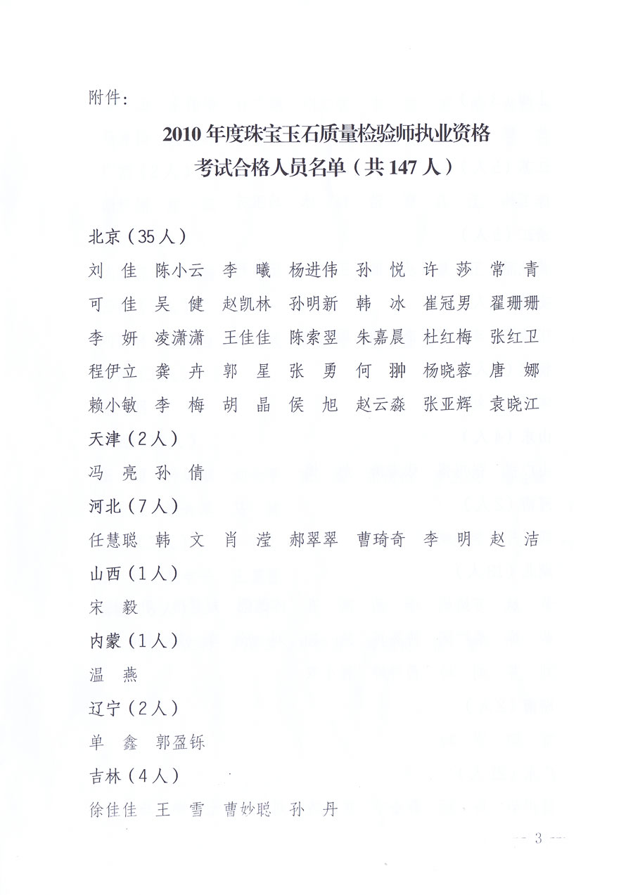 國(guó)家質(zhì)量監(jiān)督檢驗(yàn)檢疫總局《關(guān)于公布2010年度珠寶玉石質(zhì)量檢驗(yàn)師執(zhí)業(yè)資格考試合格人員名單的通知》